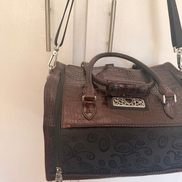 Brighton Lansky Black & Brown Croc Embossed Leather Weekender Travel Duffle Bag - Picture 2 of 11